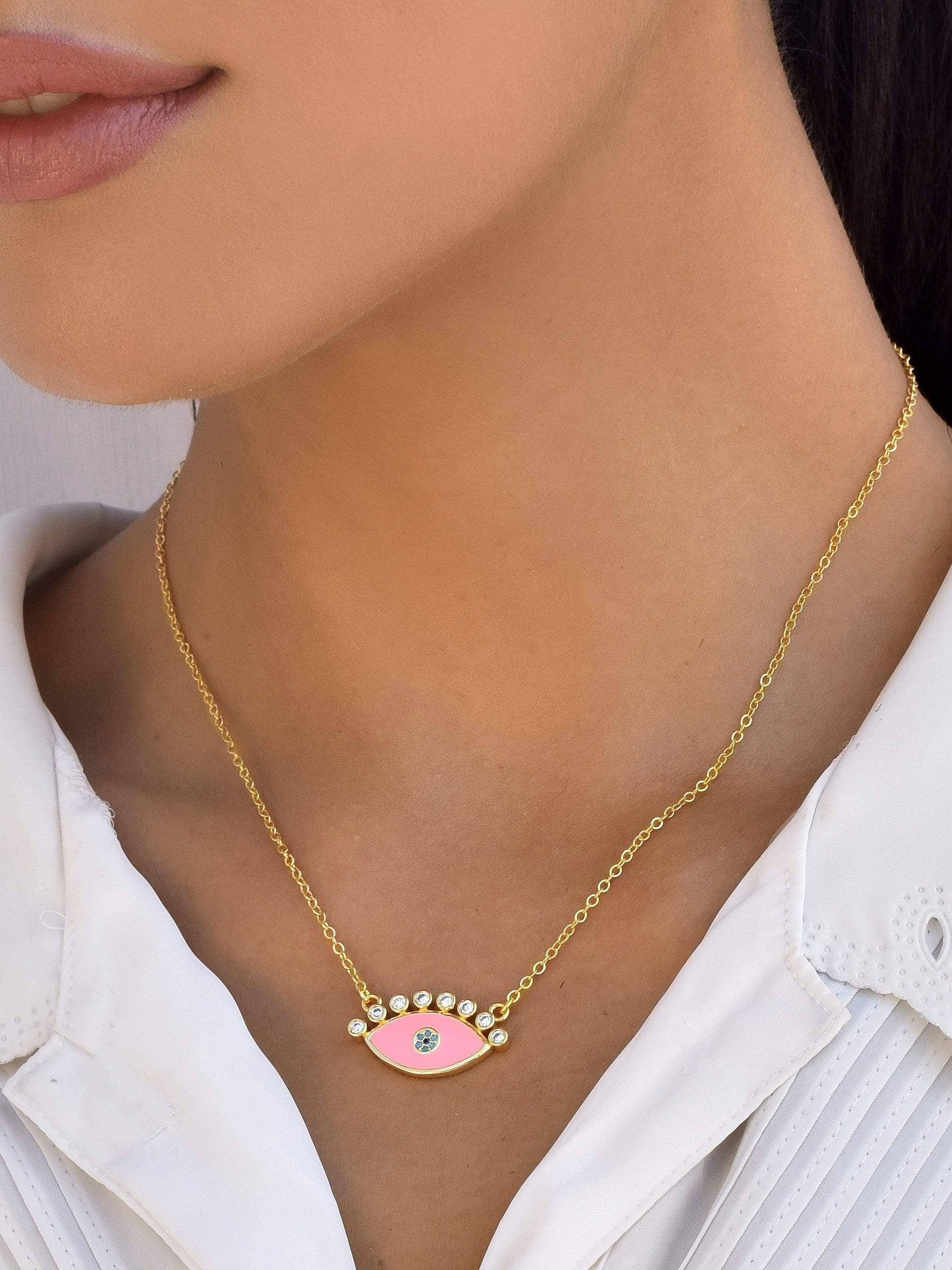 Pink evil eye deals necklace