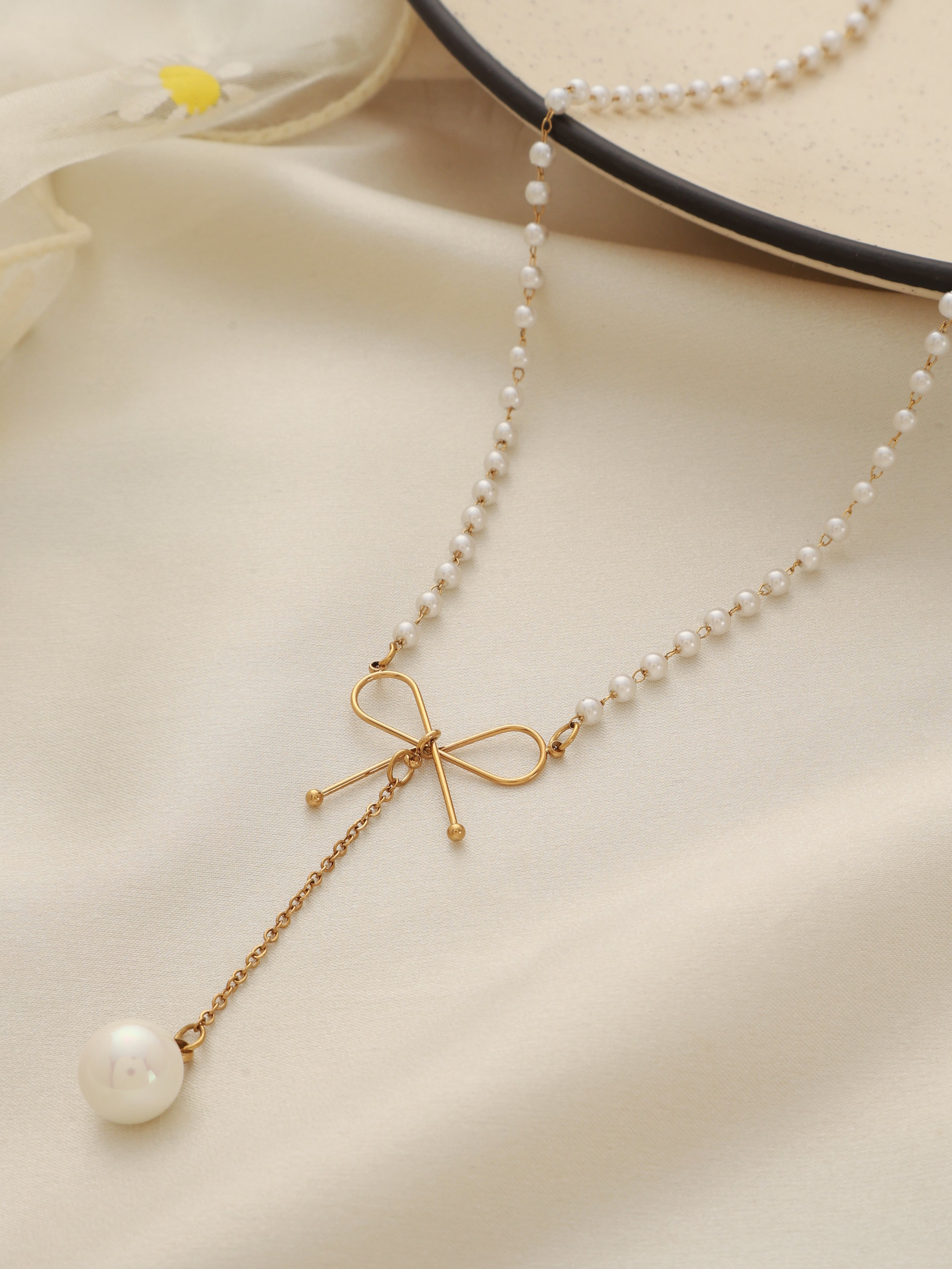 Pearl Bow Drop Necklace