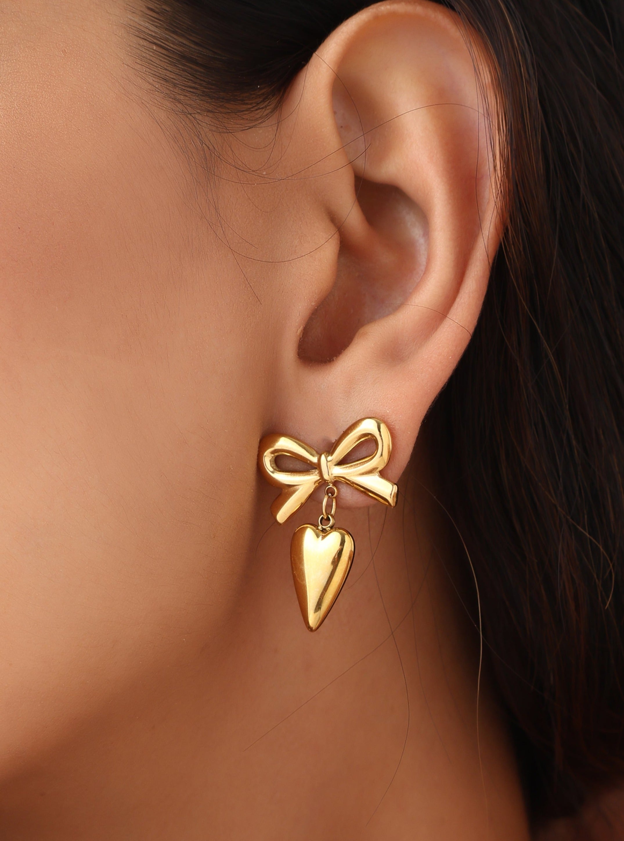 Klissaa Steel Bow-Heart Earrings -Gold