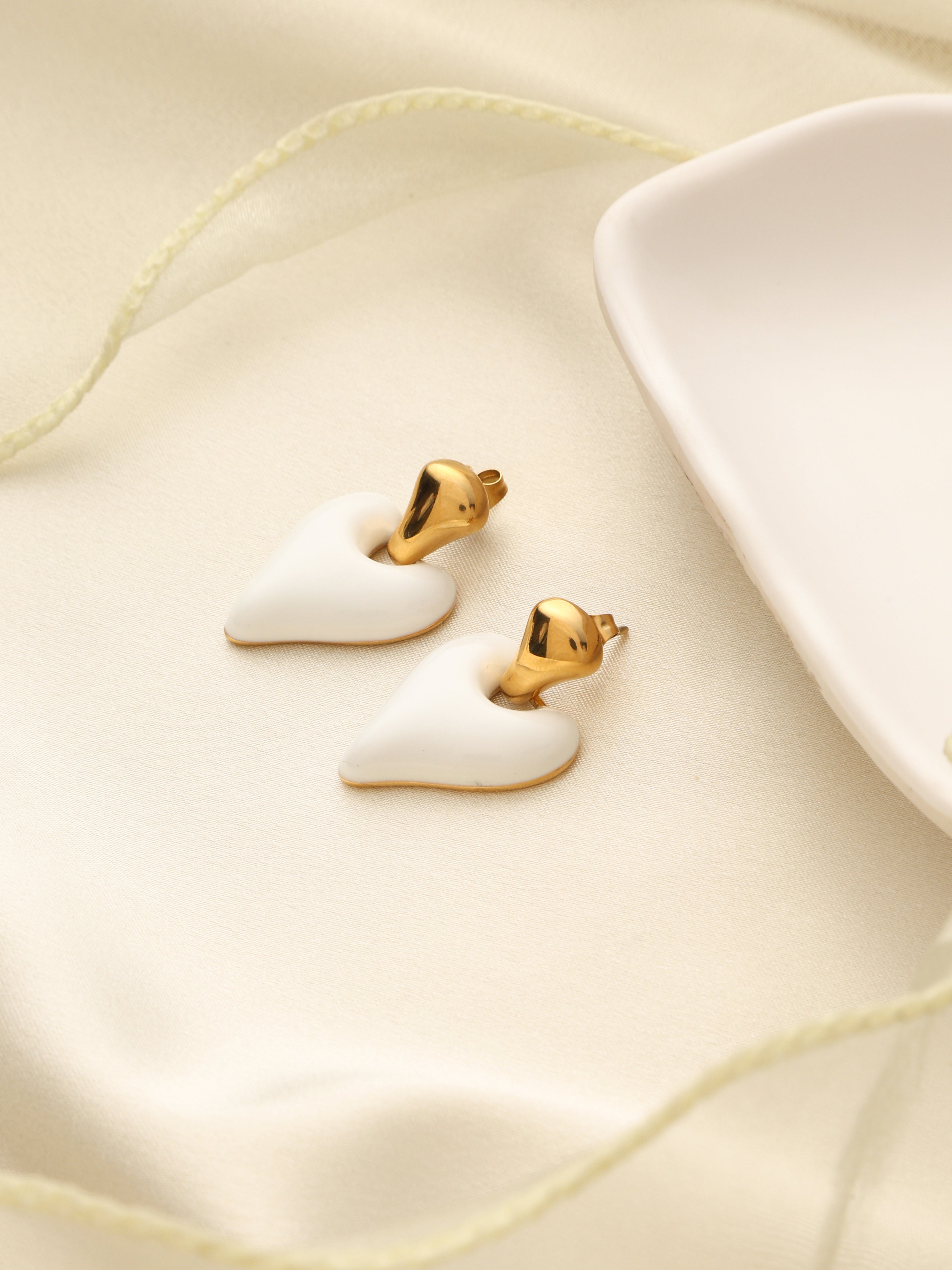 White Enamel Heart Earrings