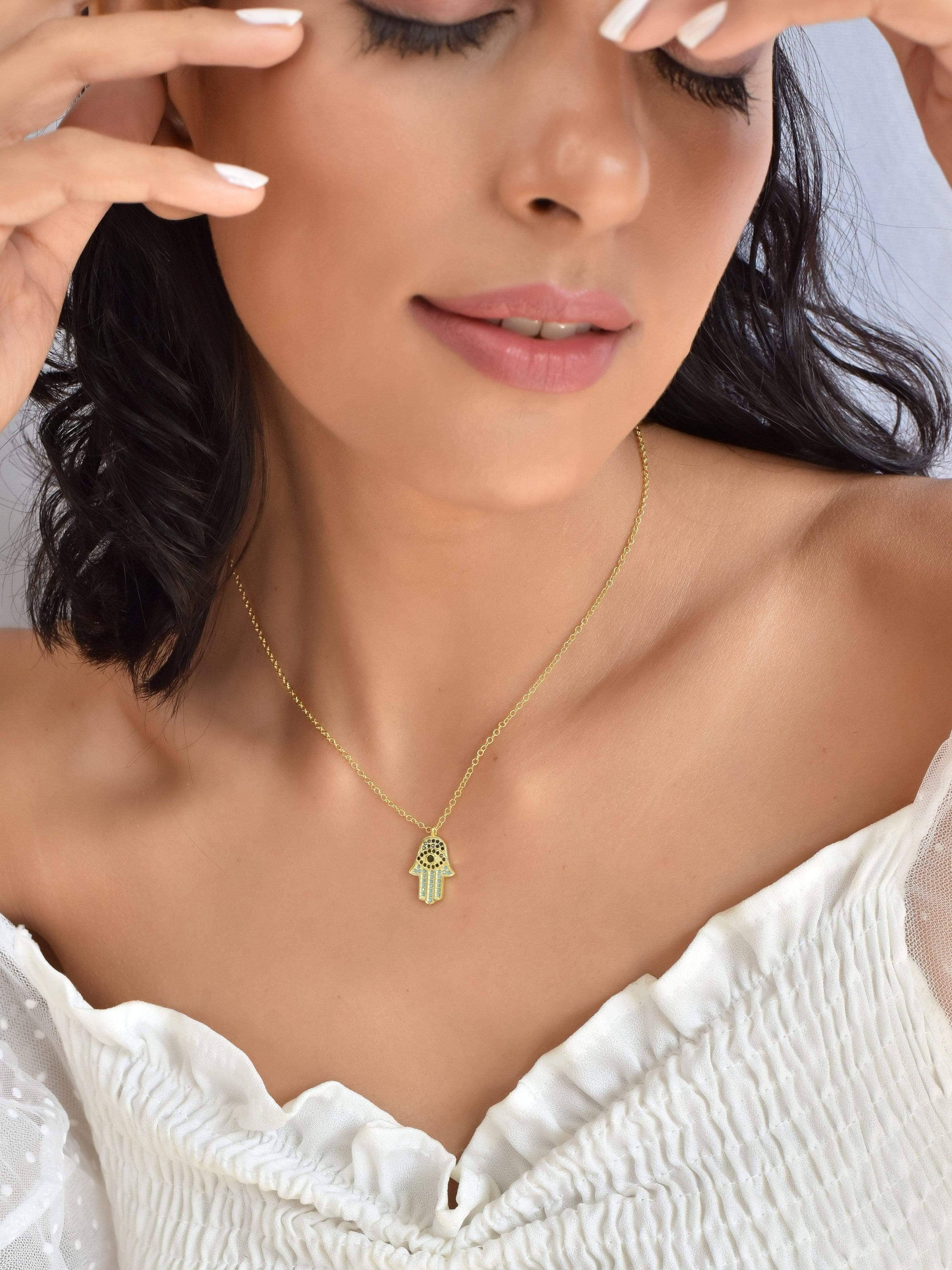 Gold Hamsa Necklace, Gold Fatima Hand Pendant, Gold Protection Pendant –  Adina Stone Jewelry